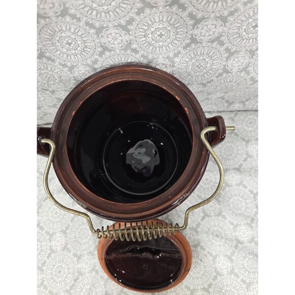 Vintage Brown Ceramic Cookies Jar Barrel with Metal Handle and Lid Marcrest Drip - Picture 5 of 8